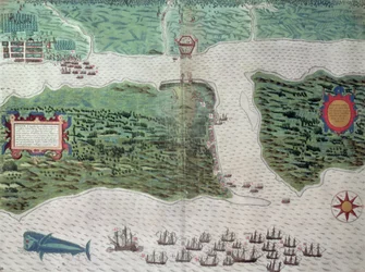 Mapa representando a destruição da colônia espanhola de Santo Agostinho na Flórida em 7 de julho de 1586 pela frota inglesa comandada por Sir Francis Drake (1540-96) 1589 (gravura colorida à mão)